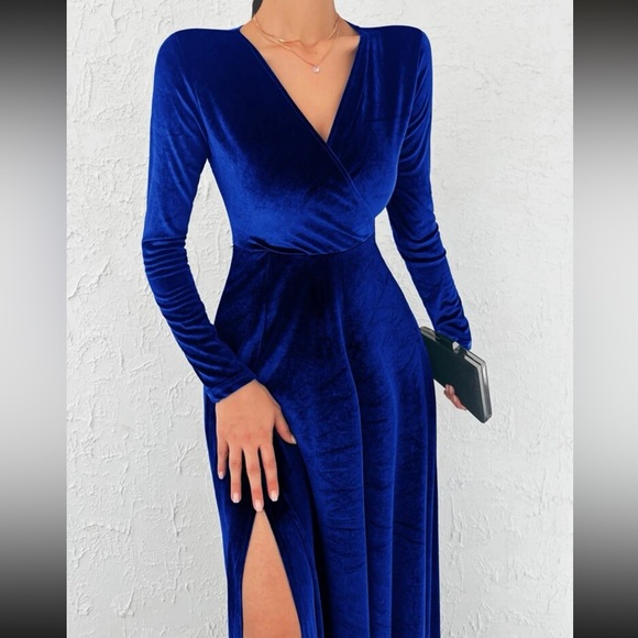 Luxe slit thigh long sleeve party formal evening prom wedding gown dress - Picture 11 of 16